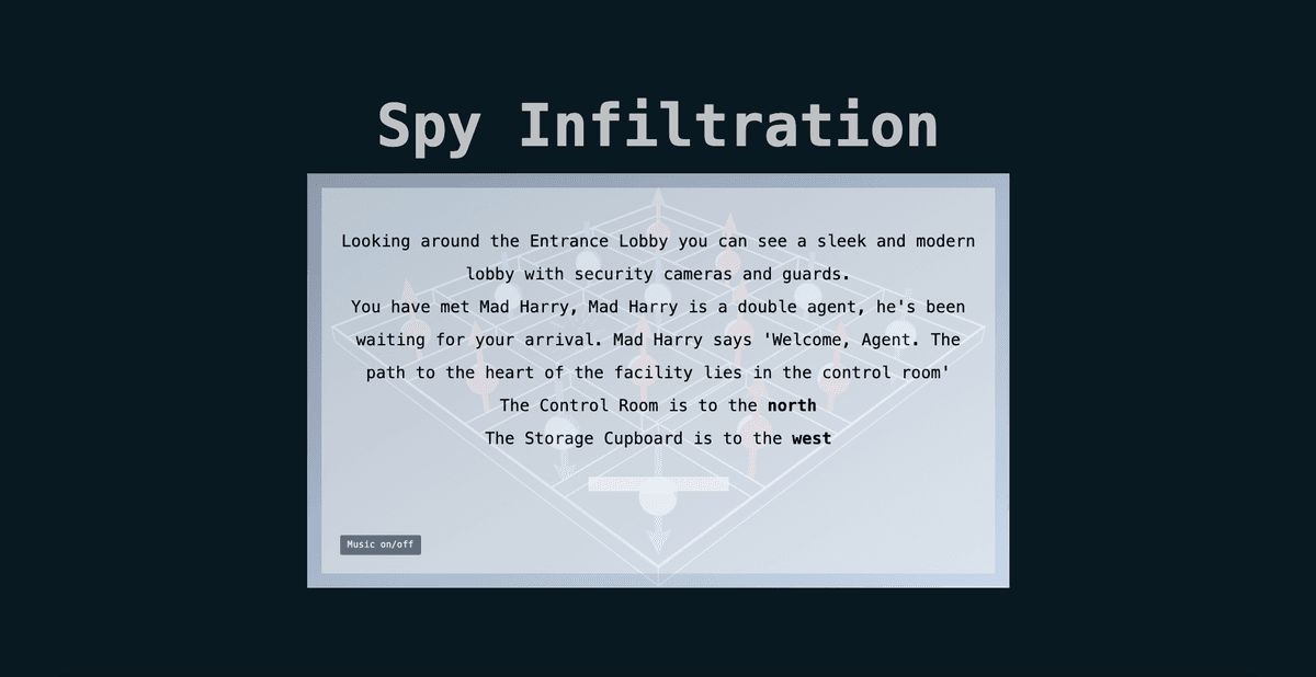 Spy Infiltration - Text-based game - JavaScript, HTML, Tailwind